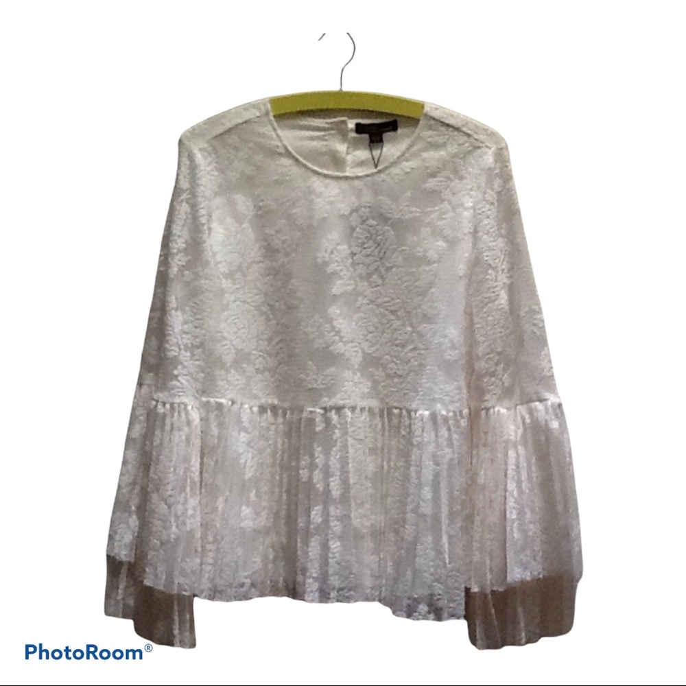 Dalia White Lace Peplum Bell Sleeve Blouse NWT‎